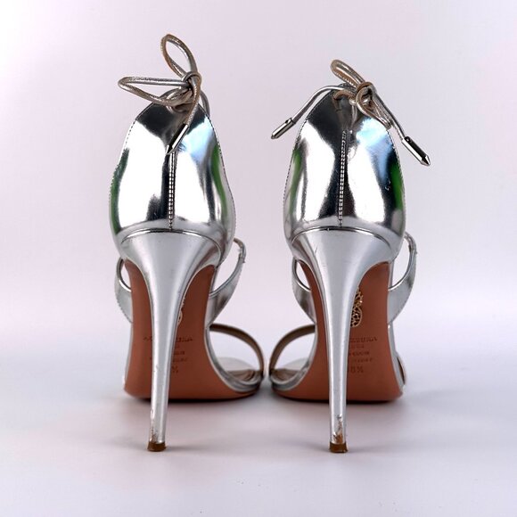 AQUAZZURA Linda 105 Silver Leather Ankle Tie High-Heel Sandals - Size 38.5 - Picture 6 of 12